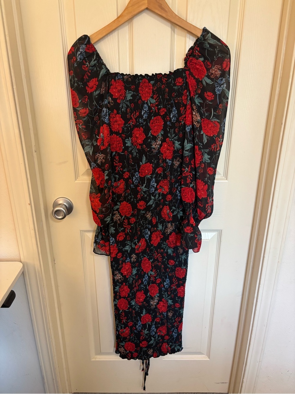 JAUS Black Red Floral Smocked Midi Dress Puff Sleeve Bodycon cocktail semi forma - Picture 5 of 10
